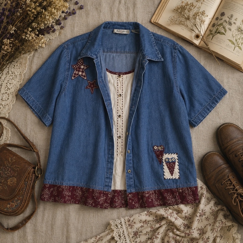 VTG Lemon Grass Denim Shirt Womens XL Blue Patchwork Stars Hearts Cottagecore